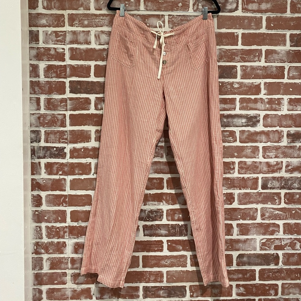 Women's Sundance Red Pinstripe Cotton Relaxed Wide Leg Drawstring Pants Large